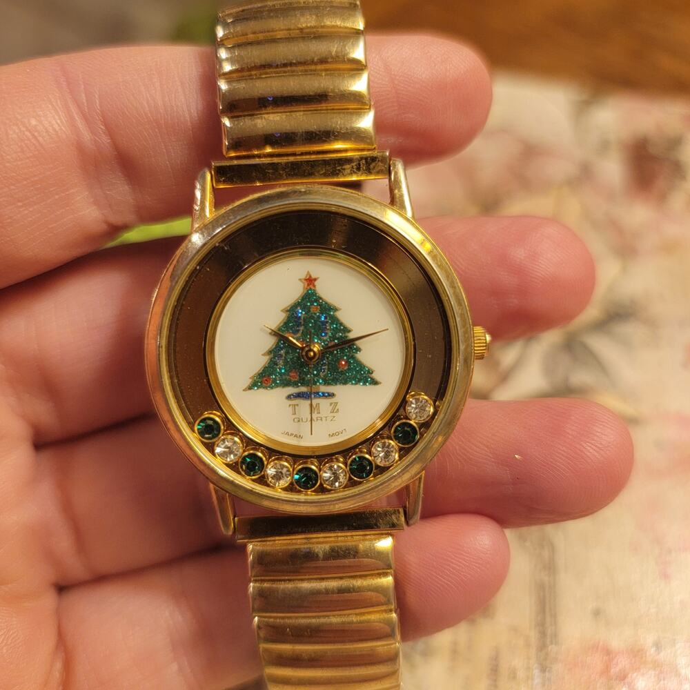 Vintage Watches TMZ Christmas Tree Watch Gold Stretch Band Japan Quartz Holiday